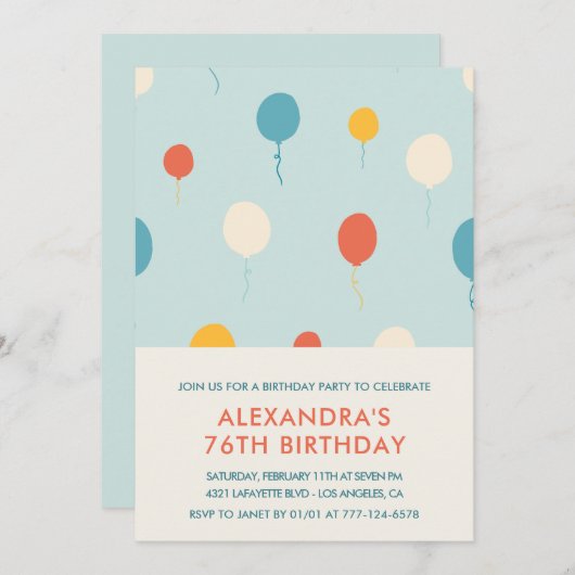 76e verjaardag Uitnodigingen Balloons Blauw (Voorkant / Achterkant)