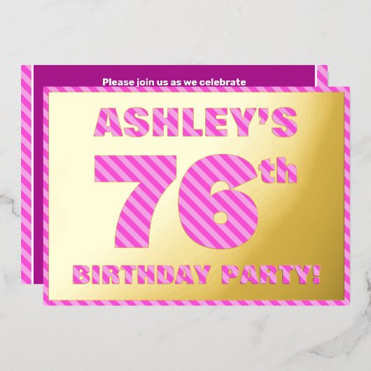 76e verjaardag — Vet, vuurtje, roze band # 76 Folie Uitnodiging (Voorkant / Achterkant)