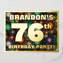 76e verjaardag: Vette, kleurrijke Fireworks-look Folie Uitnodiging Briefkaart