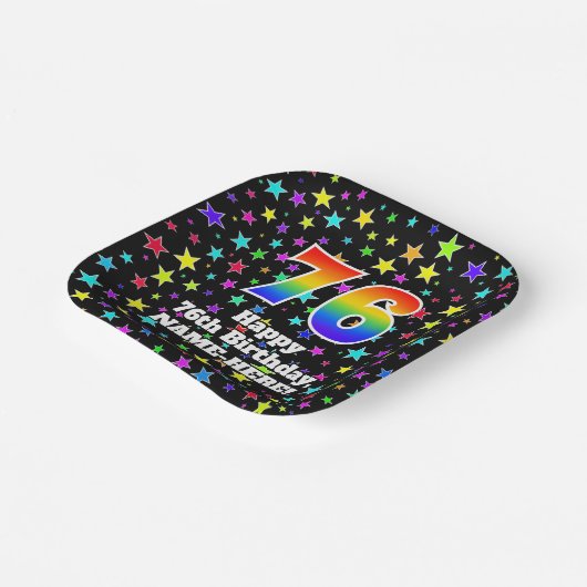 76e verjaardag: vun staarten en regenboog "76" papieren bordje (Gebogen)