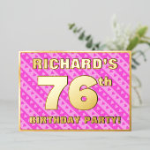 76e verjaardag — vuurroze harten en strips folie uitnodiging (Staand Voorkant)
