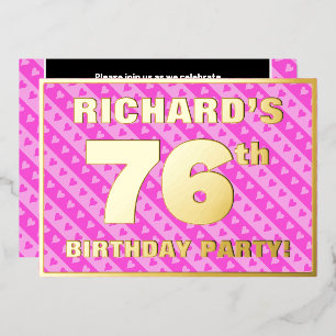 76e verjaardag — vuurroze harten en strips folie uitnodiging