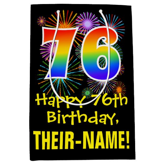76e verjaardag: Vuurwerk Fun Pattern + Regenboog 7 Medium Cadeauzakje (Voorkant)