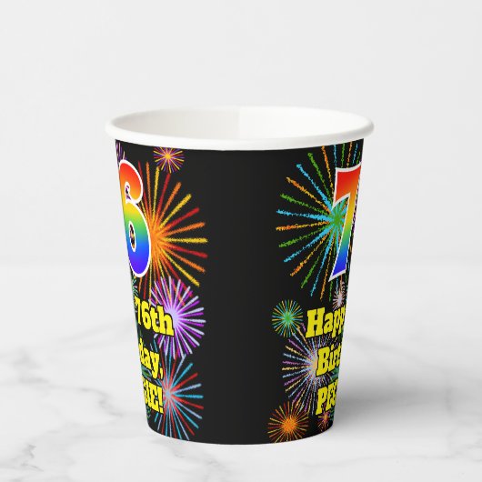 76e verjaardag: Vuurwerk Fun Pattern + Regenboog 7 Papieren Bekers (Links)