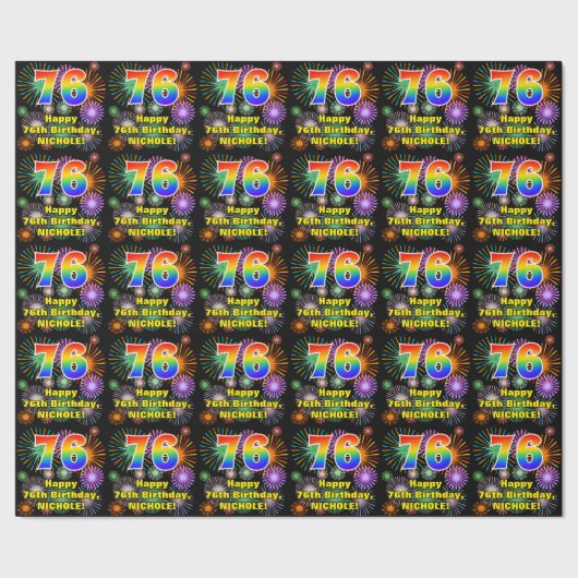 76e verjaardag: vuurwerk, regenboogblik # "76" cadeaupapier (Zoom)