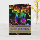 76ste verjaardag met regenboogbubbels en vuurwerk kaart (Gele Bloem)