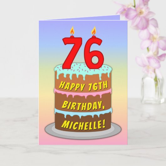 76th Birthday — Fun Cake & Candles, w/ Custom Name Kaart (Orchidee)