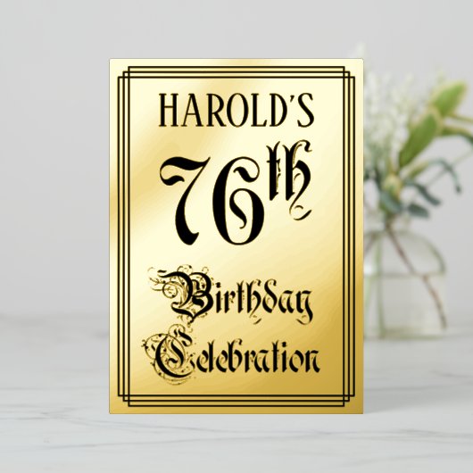 76th Birthday Party — Elegant Script + aangepaste  Folie Uitnodiging (Staand Voorkant)