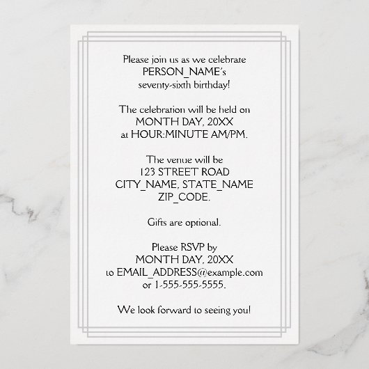 76th Birthday Party — Elegant Script + aangepaste Folie Uitnodiging (Achterkant)