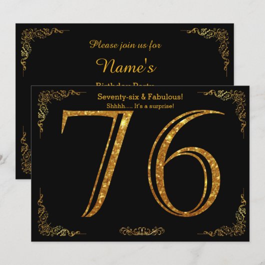 76th Birthday party, Gatsby styl, zwarte gouden gl Kaart (Voorkant / Achterkant)