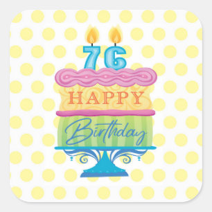 76th Happy Birthday Cake Yellow Stippen Vierkante Sticker