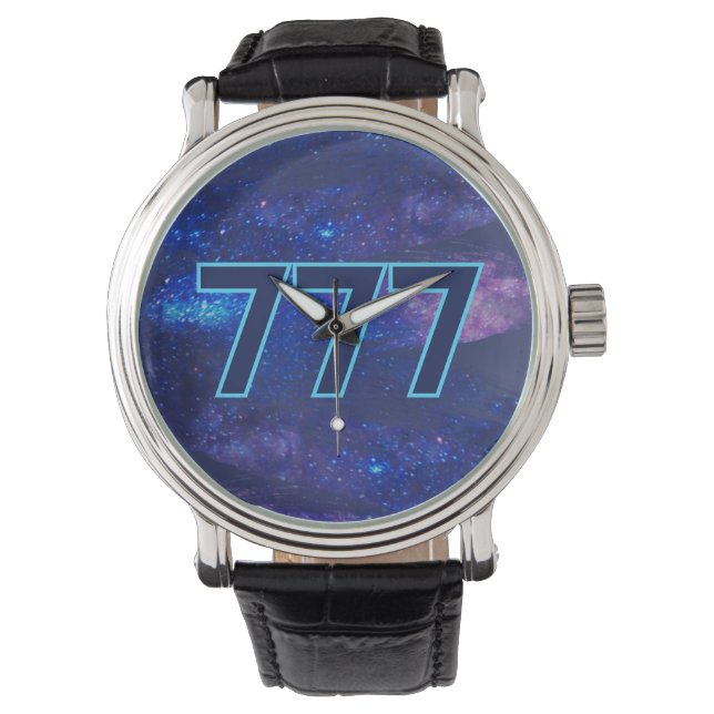777 Engel Nummer Donkerblauwe Sparkle Manifestatie Horloge (Voorkant)