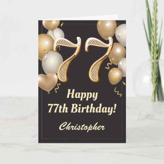 77e Birthday Black en Gold Balloons Confetti Kaart (Voorkant)