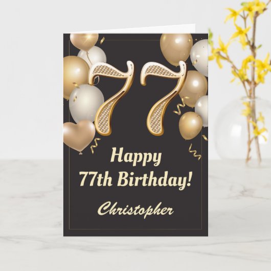 77e Birthday Black en Gold Balloons Confetti Kaart (Gele Bloem)