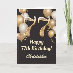 77e Birthday Black en Gold Balloons Confetti Kaart
