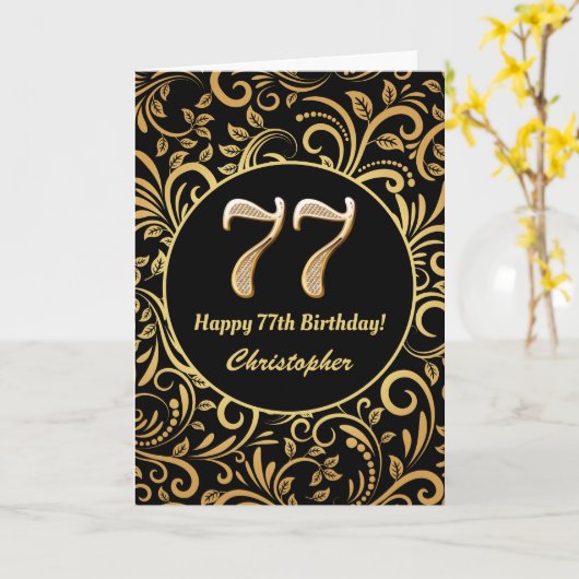 77e Birthday Black en Gold Floral Pattern Kaart (Gele Bloem)