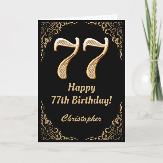 77e Birthday Black en Gold Glitter Lijst Kaart (Voorkant)