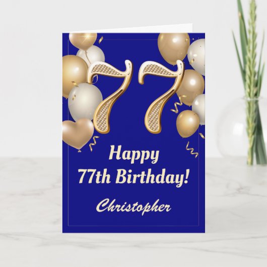 77e Birthday Navy Blue en Gold Balloons Confetti Kaart (Voorkant)