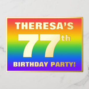 77e Birthday Party: Fun, kleurrijk regenboogpatroo Folie Uitnodiging
