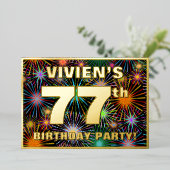 77e Birthday Party - Fun, kleurrijke Fireworks loo Folie Uitnodiging (Staand Voorkant)
