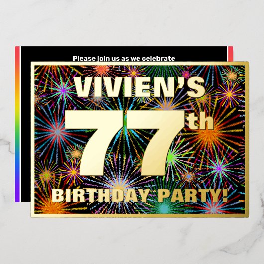 77e Birthday Party - Fun, kleurrijke Fireworks loo Folie Uitnodiging (Voorkant / Achterkant)