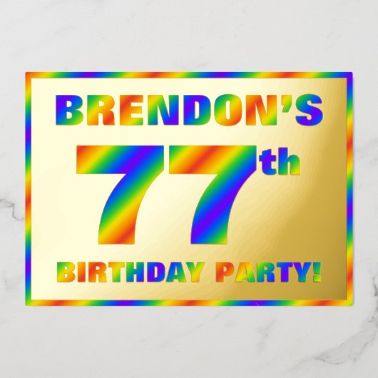 77e Birthday Party — Fun, regenboogspectrum "77" Folie Uitnodiging (Voorkant)