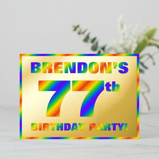 77e Birthday Party — Fun, regenboogspectrum "77" Folie Uitnodiging (Staand Voorkant)
