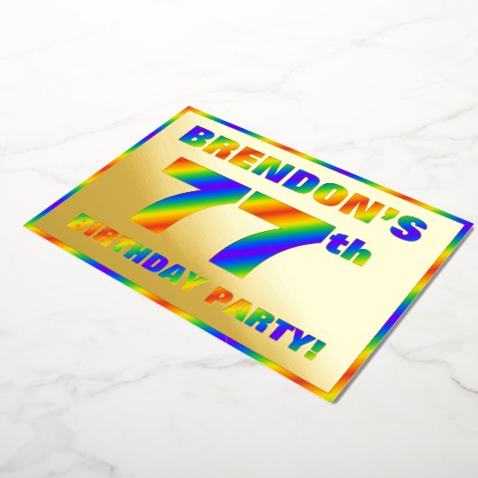 77e Birthday Party — Fun, regenboogspectrum "77" Folie Uitnodiging (Gedraaid)