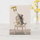 77e geboortedag ballonnen en kat van tabletten kaart (Gele Bloem)