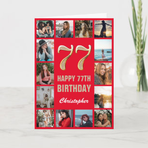77e Happy Birthday Red en Gold Photo Collage Kaart