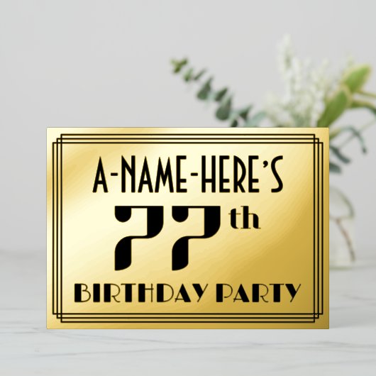 77e verjaardag: Art Deco Kijk "77" en naam Folie Uitnodiging (Staand Voorkant)