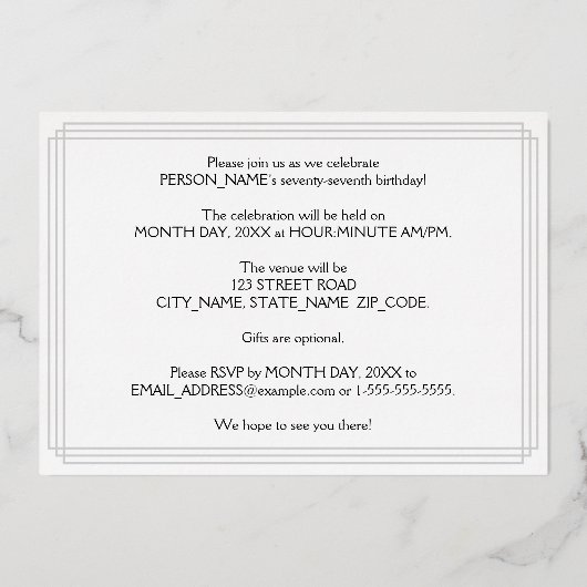 77e verjaardag — Art Deco Style "77" en naam Folie Uitnodiging (Achterkant)