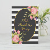 77e Verjaardag Bloemen Zwart Witte Strepen Gouden Kaart (Staand voorkant)