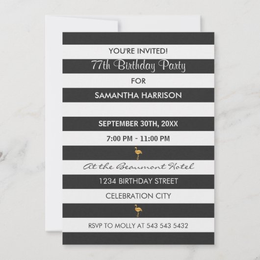 77e Verjaardag Gouden Flamingo Zwart Wit Strepen Kaart (Achterkant)