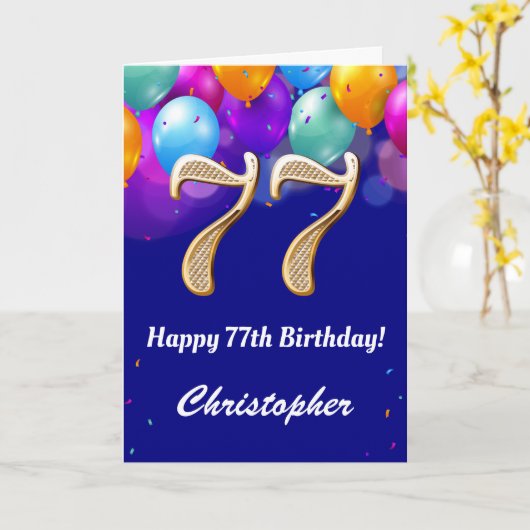 77e verjaardag marinesblauwe en goudkleurige ballo kaart (Gele Bloem)