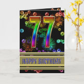 77e verjaardag met regenboogbubbels en vuurwerk kaart (Gele Bloem)
