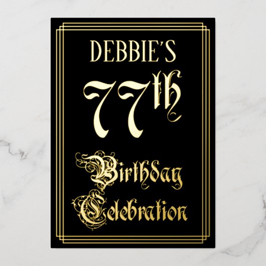 77e verjaardag Partij — Fancy Manuscript & de Naam Folie Uitnodiging (Voorkant)
