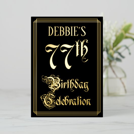 77e verjaardag Partij — Fancy Manuscript & de Naam Folie Uitnodiging (Staand Voorkant)