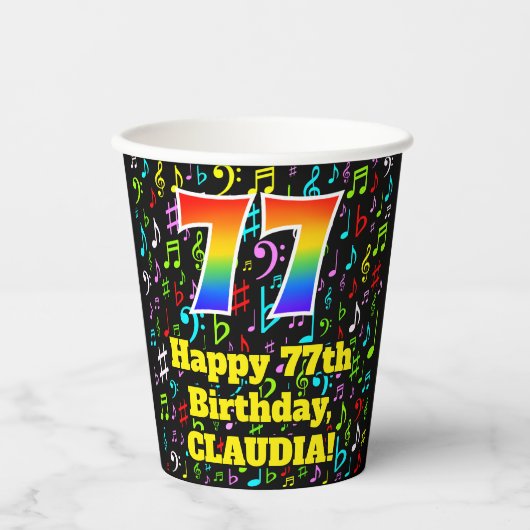 77e Verjaardag: Plezier Muzieknoten Patroon, Regen Papieren Bekers (Voorkant)