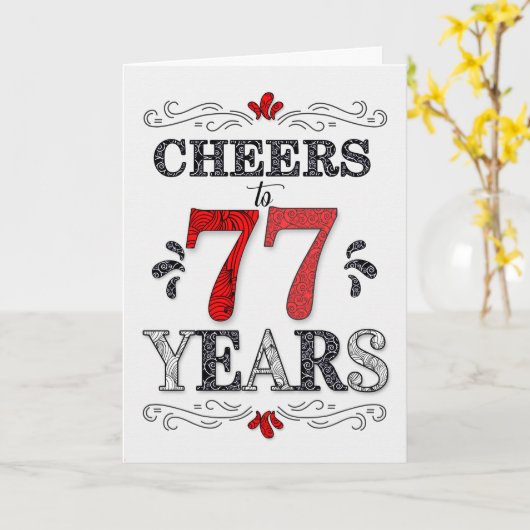 77e verjaardag Proost in rood wit zwart patroon Kaart (Gele Bloem)