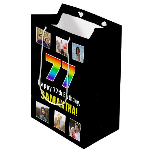 77e verjaardag: Regenboog "77", Aangepaste foto's  Medium Cadeauzakje (Voorkant Gekanteld)