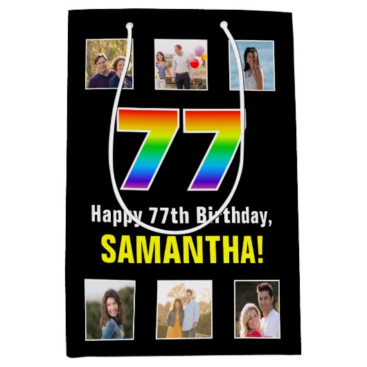77e verjaardag: Regenboog "77", Aangepaste foto's  Medium Cadeauzakje (Voorkant)