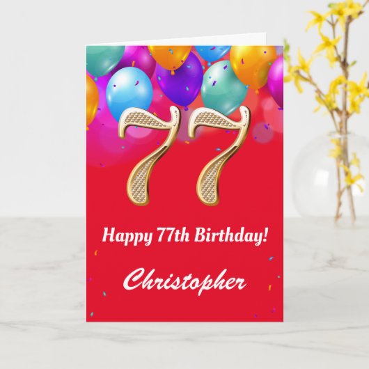 77e verjaardag Rode en goudkleurige ballonnen Kaart (Gele Bloem)