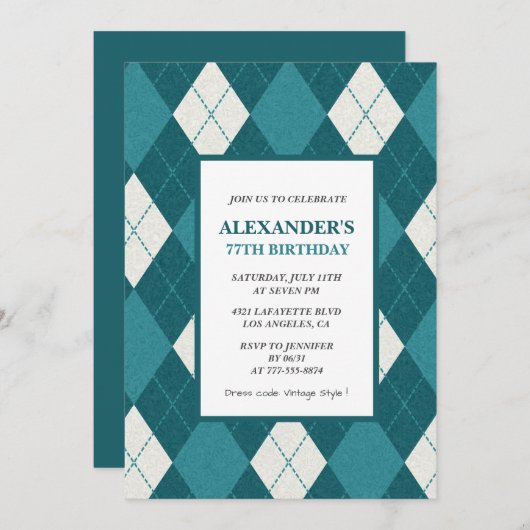 77e verjaardag Uitnodigingen Mannen  Blauw (Voorkant / Achterkant)