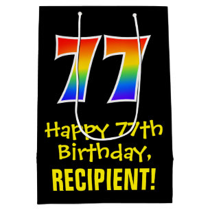 77e verjaardag: vun, vet, kleurrijk, regenboog "77 medium cadeauzakje