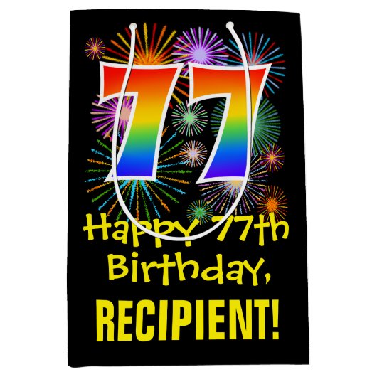 77e verjaardag: Vuurwerk Fun Pattern + Regenboog 7 Medium Cadeauzakje (Voorkant)