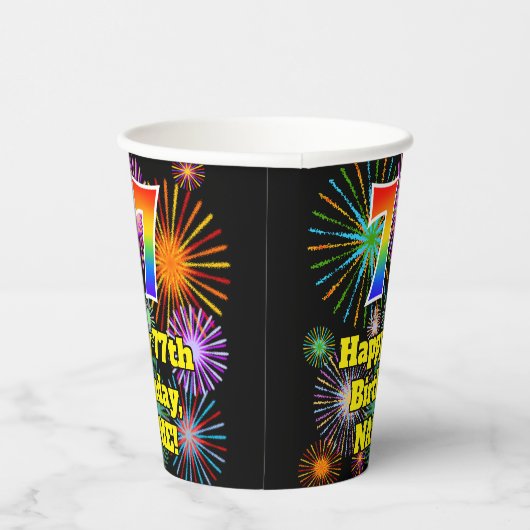 77e verjaardag: Vuurwerk Fun Pattern + Regenboog 7 Papieren Bekers (Rechts)