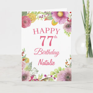 77e verjaardag Waterverf Floral Flowers Pink Card Kaart