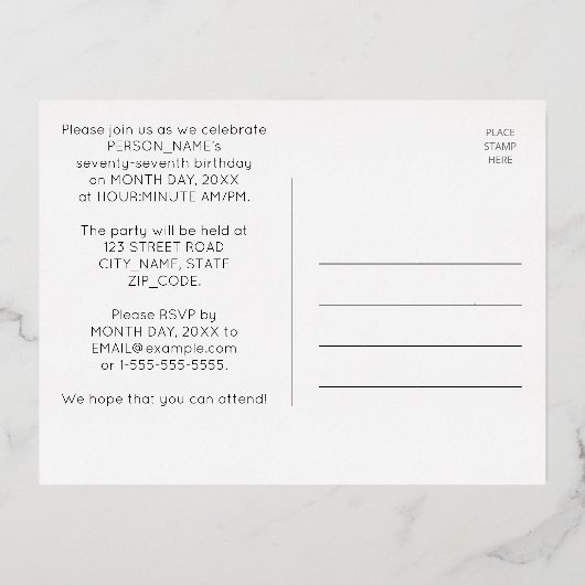 77e Verjaardagsfeestje ~ Art Deco Stijl “77” + Naa Folie Uitnodiging Briefkaart (Achterkant)