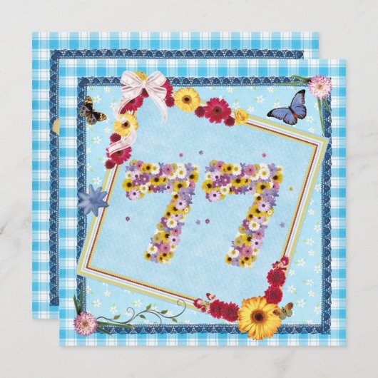 77e verjaardagsfeestje Uitnodiging bloemen, vlinde (Voorkant / Achterkant)